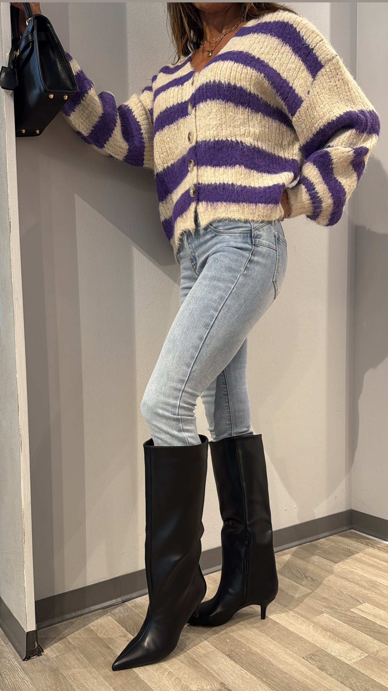 CARDIGAN RIGHE PANNA VIOLA