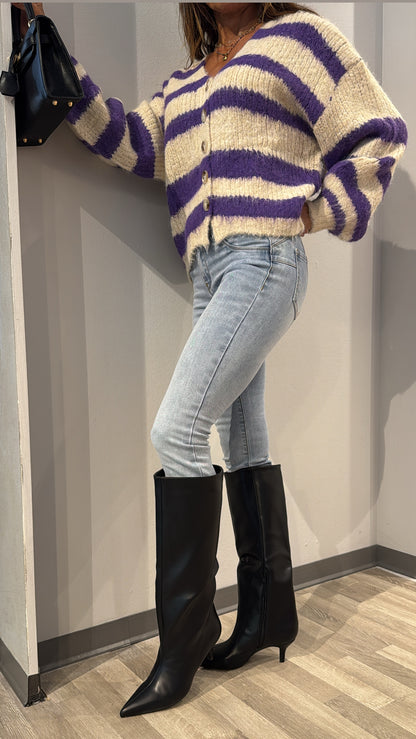 CARDIGAN RIGHE PANNA VIOLA