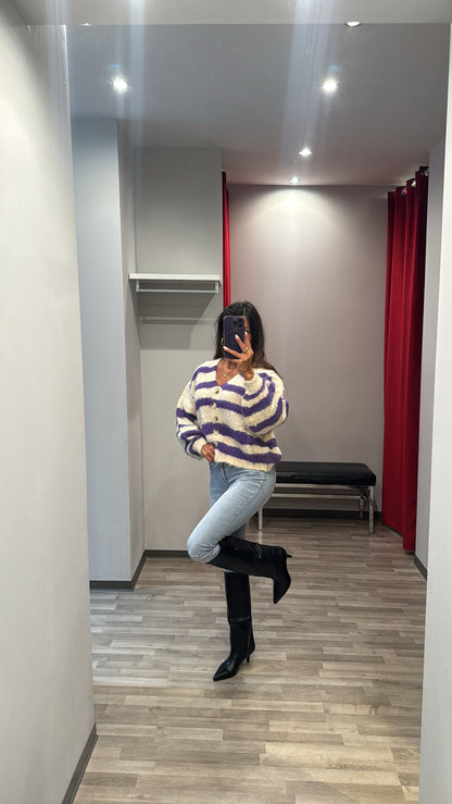 CARDIGAN RIGHE PANNA VIOLA