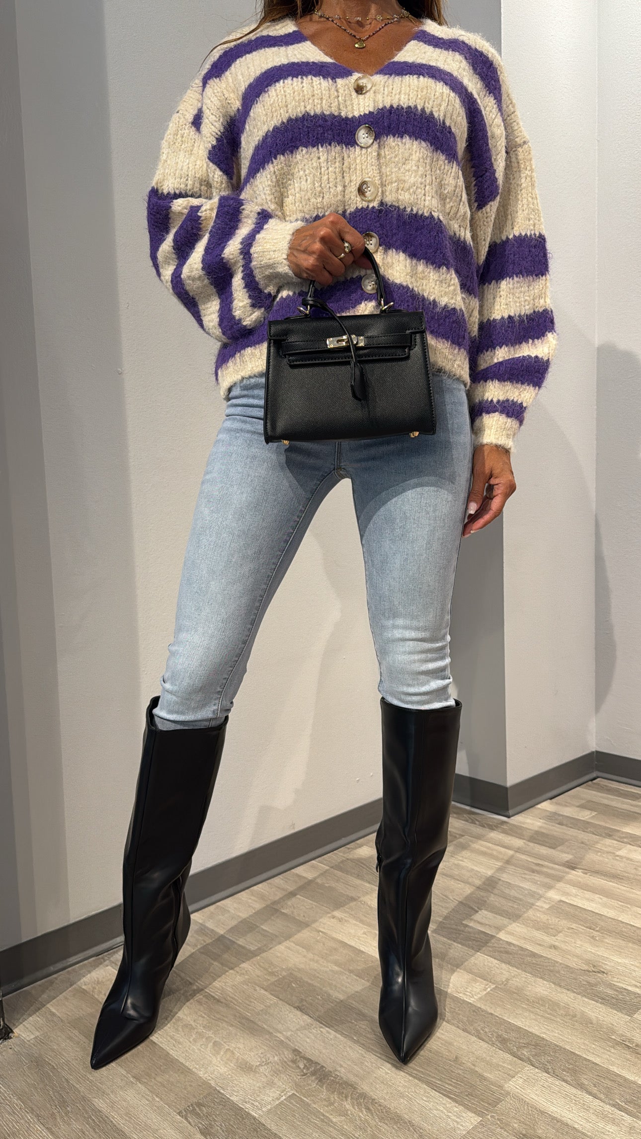 CARDIGAN RIGHE PANNA VIOLA